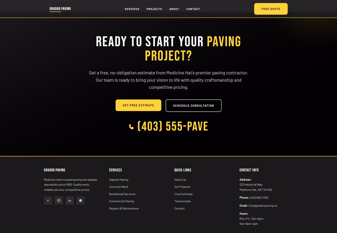 Grador Paving contact and footer section